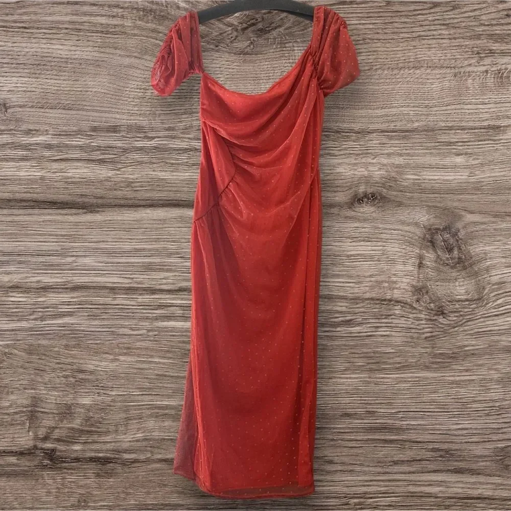 Sophisticated ASOS Off-Shoulder Burnt Orange Rust Polka Dot Overlay Long Dress